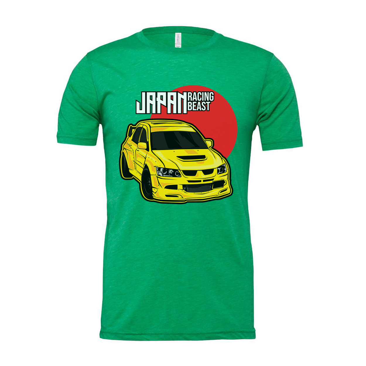 Mitsubishi Lancer Evolution IX Unisex T Shirt With Yellow Racing Car Graphic And Japan Racing Beast Logo