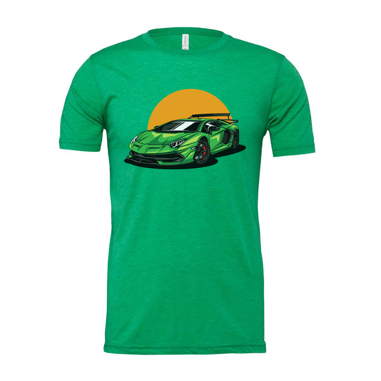 Green Sports Car Graphic Tee With Orange Sunset Backdrop For Unisex Adults Casual Wear