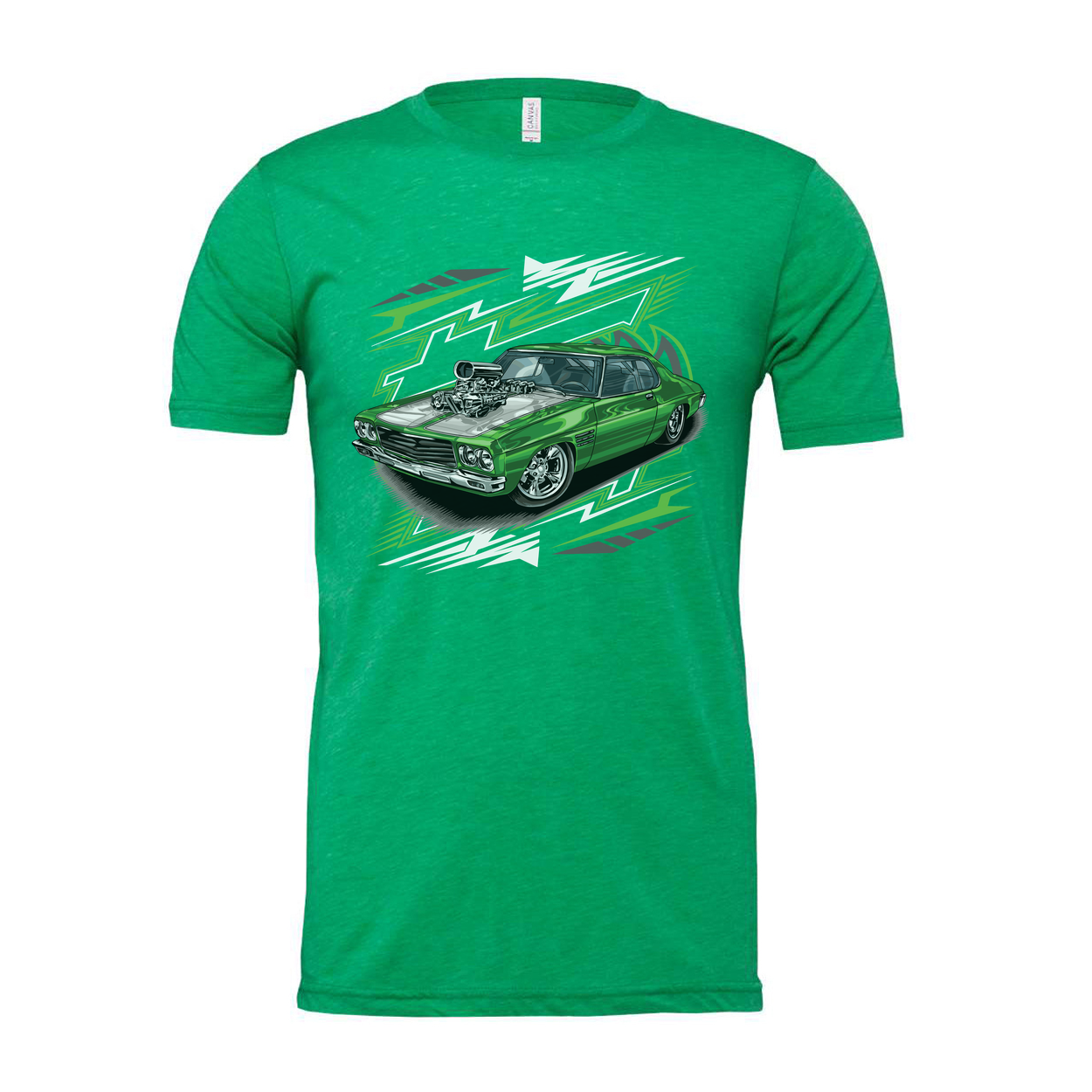 Holden HQ Monaro Car Graphic T Shirt With Green Muscle Car Illustration For Unisex Wear