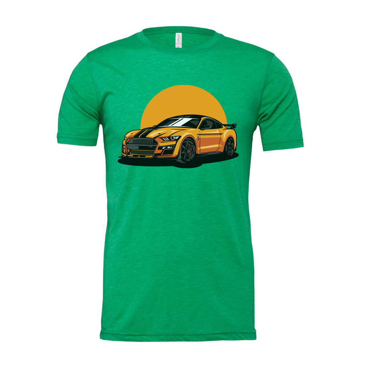 Unisex Ford Mustang Graphic T Shirt Featuring Orange Car And Sunset Design For Car Enthusiasts