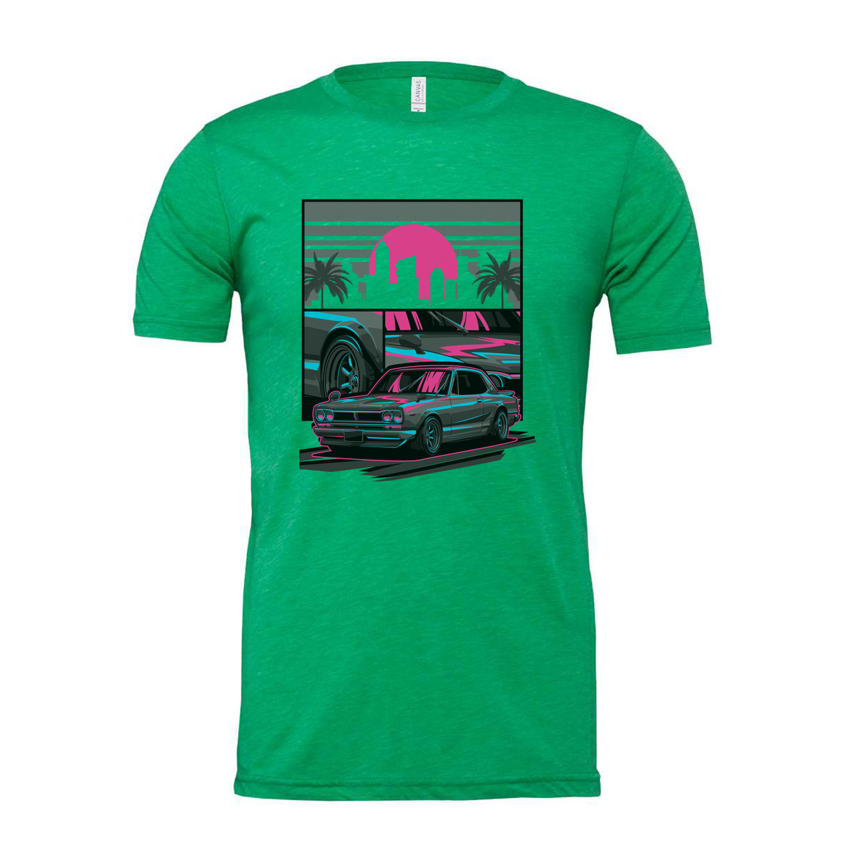 Datsun 240Z Neon Car Graphic T Shirt With Sunset Skyline And Palm Trees Unisex Casual Wear