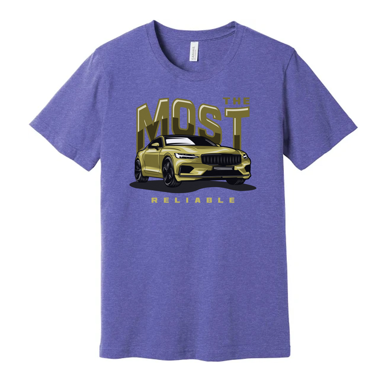 Most Reliable Car Graphic T Shirt Unisex White Tee With Yellow Sedan Illustration