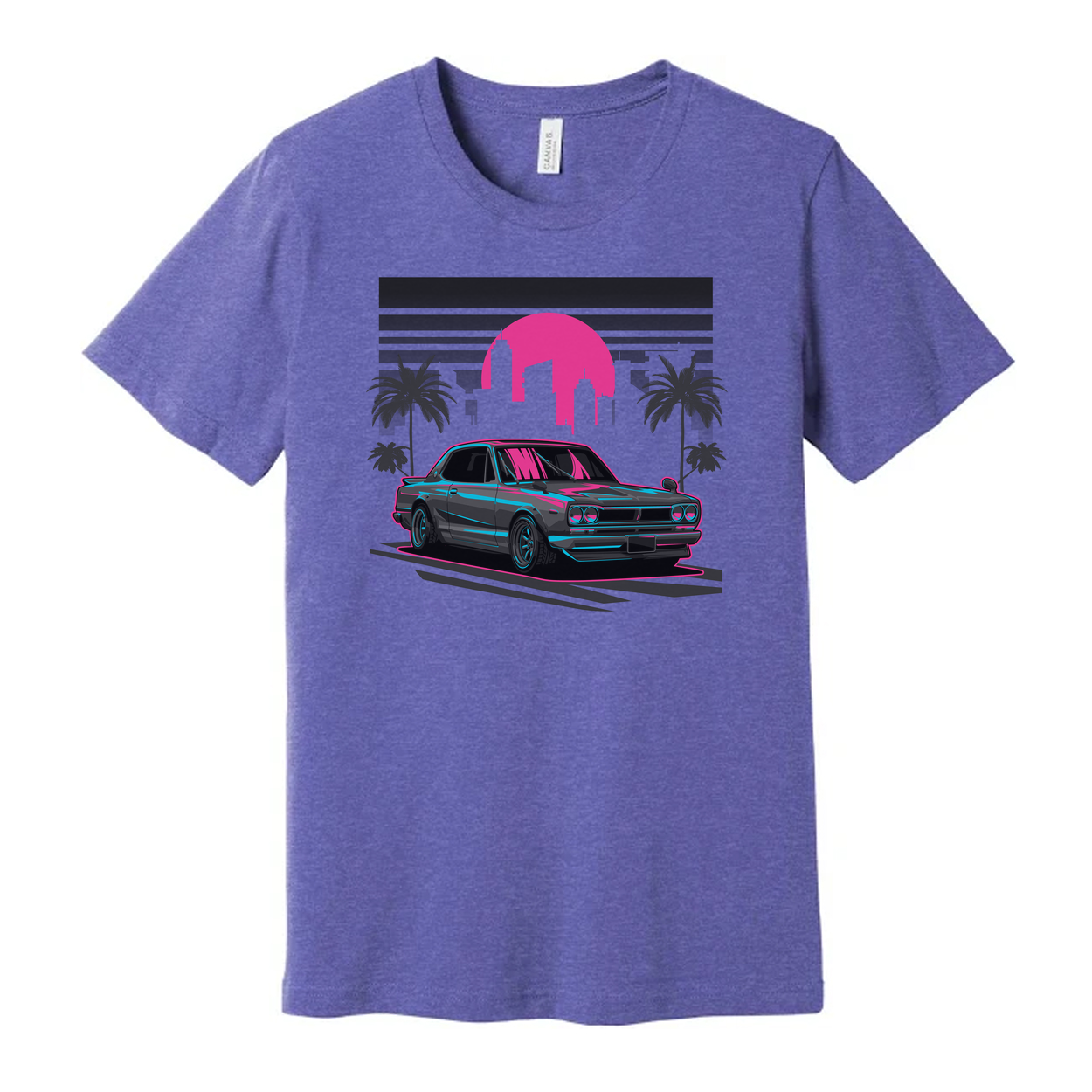 Nissan Skyline Neon Sunset Graphic Unisex T Shirt With Palm Trees And City Skyline