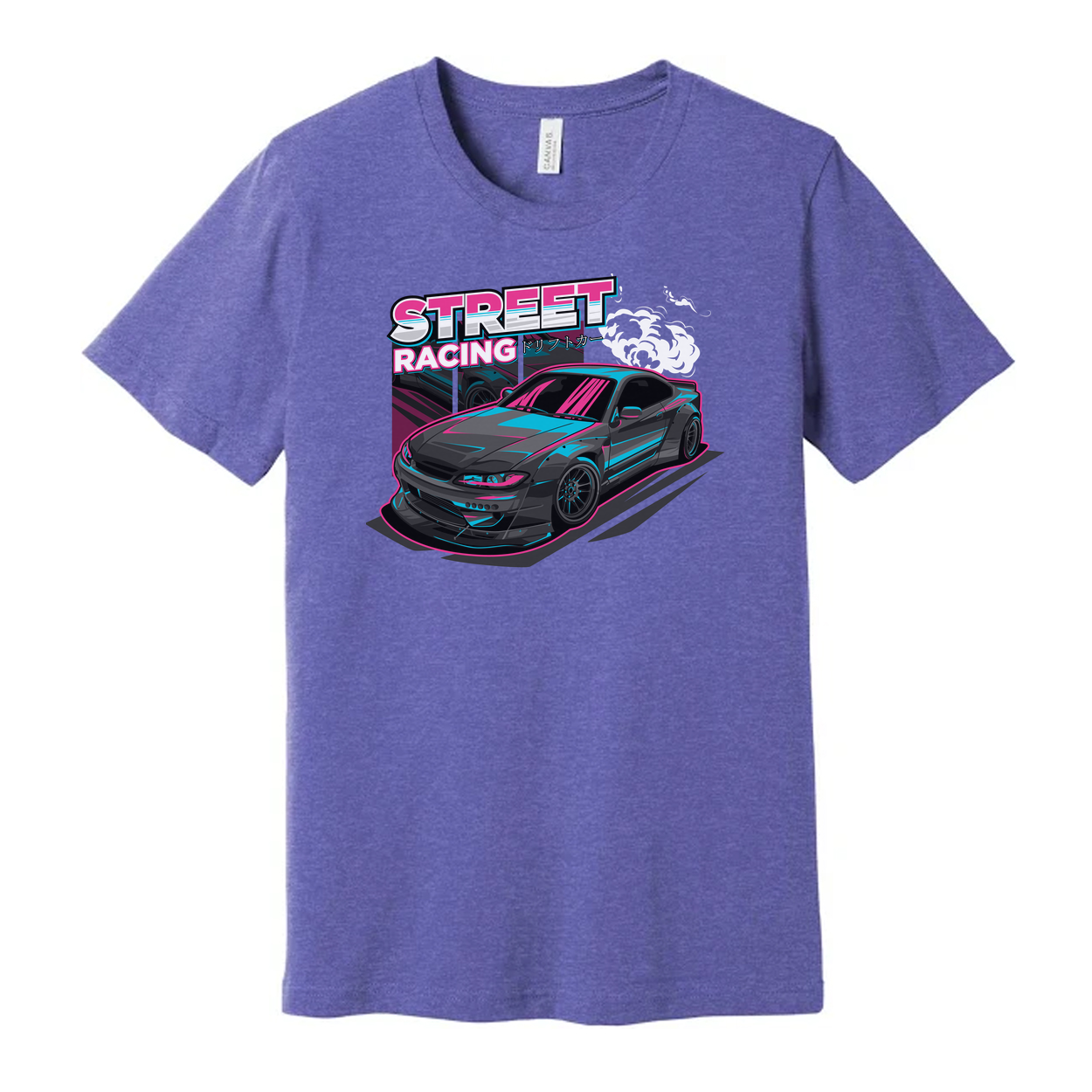 Nissan S15 Silvia Street Racing Graphic T Shirt With Neon Pink And Cyan Car Artwork For Unisex Wear