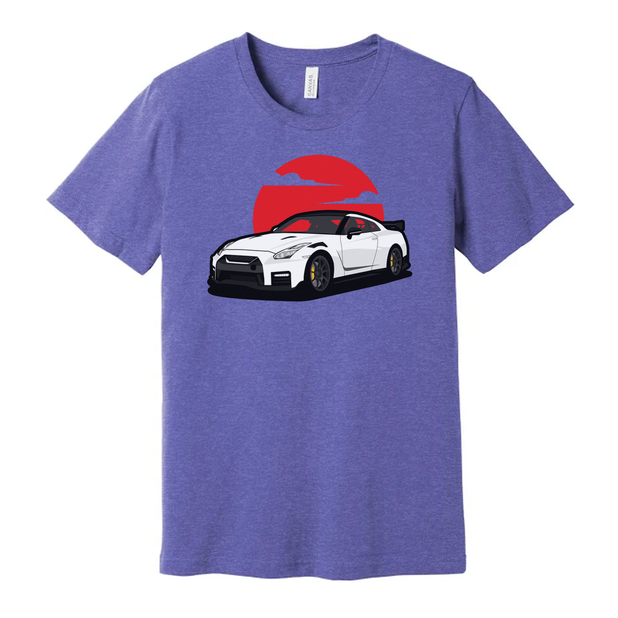 Unisex T Shirt With White Nissan GTR R35 Car Graphic And Red Sunset Backdrop Design