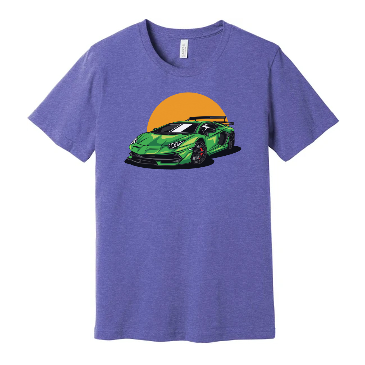 Green Sports Car Graphic Tee With Orange Sunset Backdrop For Unisex Adults Casual Wear