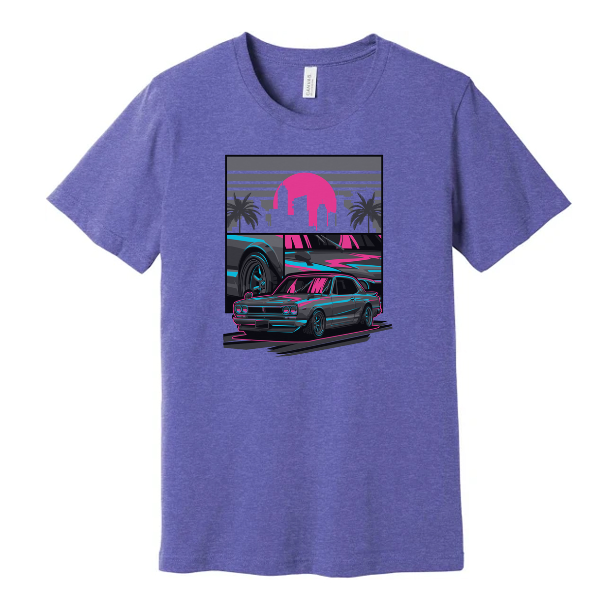 Datsun 240Z Neon Car Graphic T Shirt With Sunset Skyline And Palm Trees Unisex Casual Wear