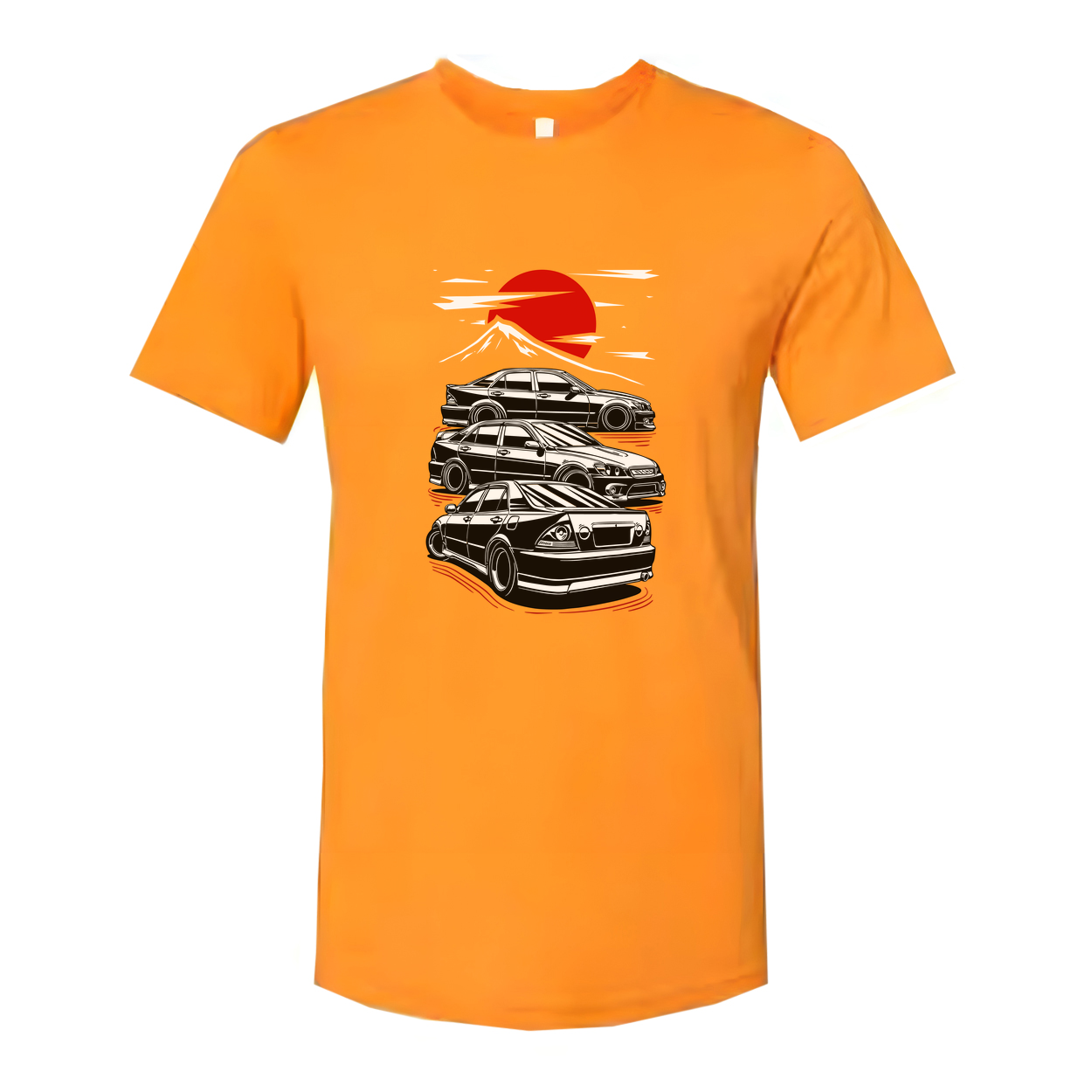 Toyota Chaser Unisex Graphic T Shirt Featuring Stacked Cars Sunset And Mount Fuji Style Illustration