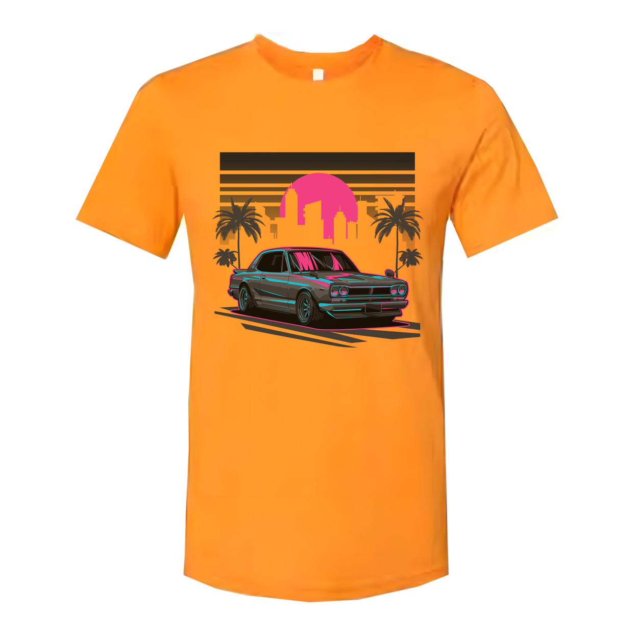Nissan Skyline Neon Sunset Graphic Unisex T Shirt With Palm Trees And City Skyline