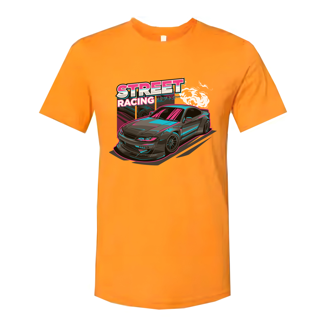 Nissan S15 Silvia Street Racing Graphic T Shirt With Neon Pink And Cyan Car Artwork For Unisex Wear