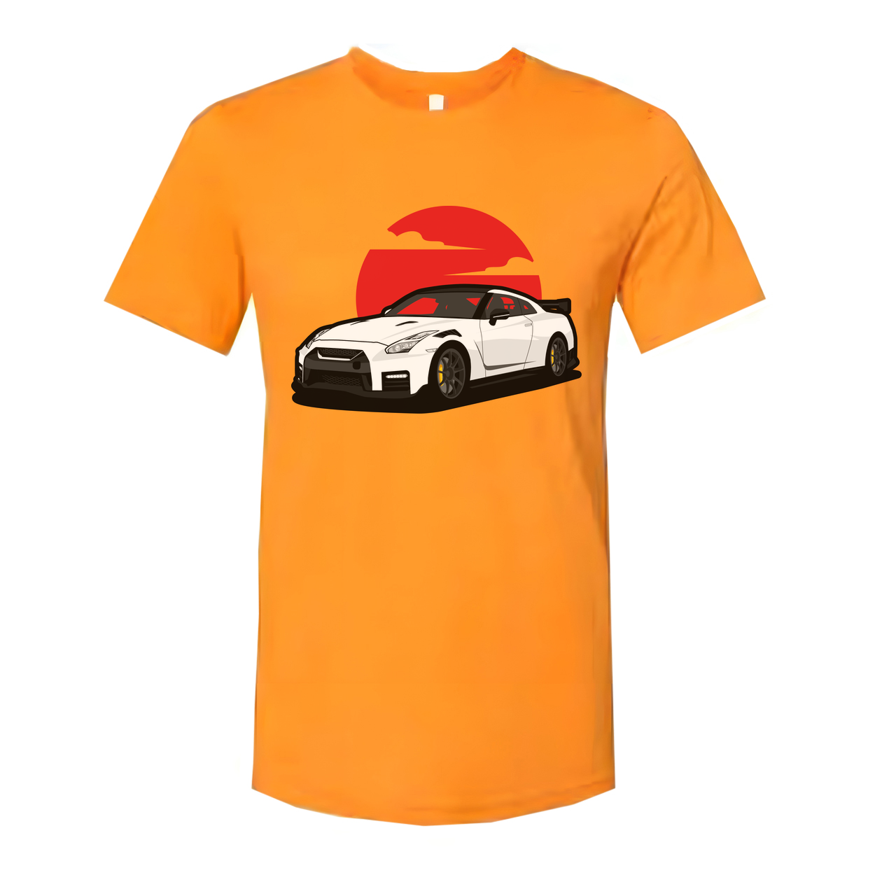Unisex T Shirt With White Nissan GTR R35 Car Graphic And Red Sunset Backdrop Design