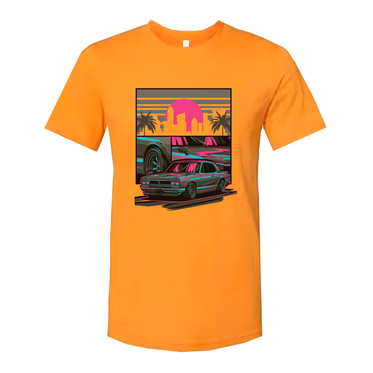 Datsun 240Z Neon Car Graphic T Shirt With Sunset Skyline And Palm Trees Unisex Casual Wear