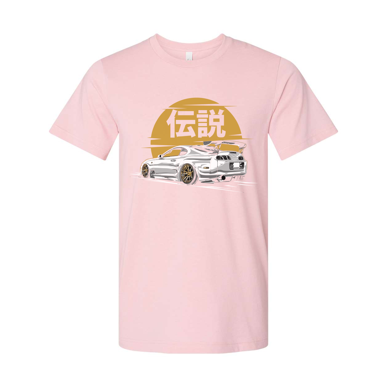 Toyota Supra MK4 Unisex Graphic T Shirt Featuring A White Car Illustration Against A Golden Sun Emblem