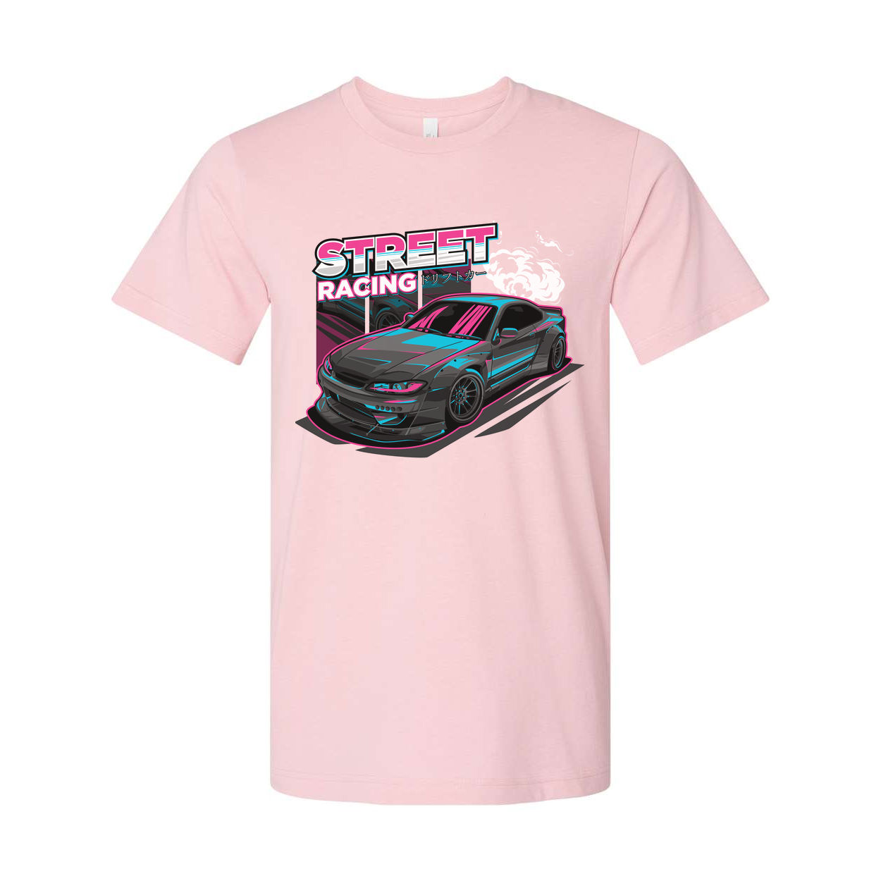 Nissan S15 Silvia Street Racing Graphic T Shirt With Neon Pink And Cyan Car Artwork For Unisex Wear