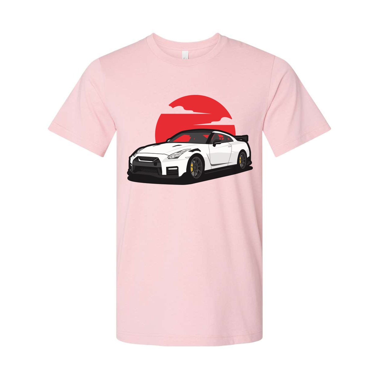 Unisex T Shirt With White Nissan GTR R35 Car Graphic And Red Sunset Backdrop Design