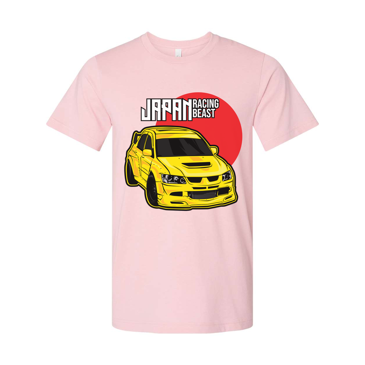 Mitsubishi Lancer Evolution IX Unisex T Shirt With Yellow Racing Car Graphic And Japan Racing Beast Logo