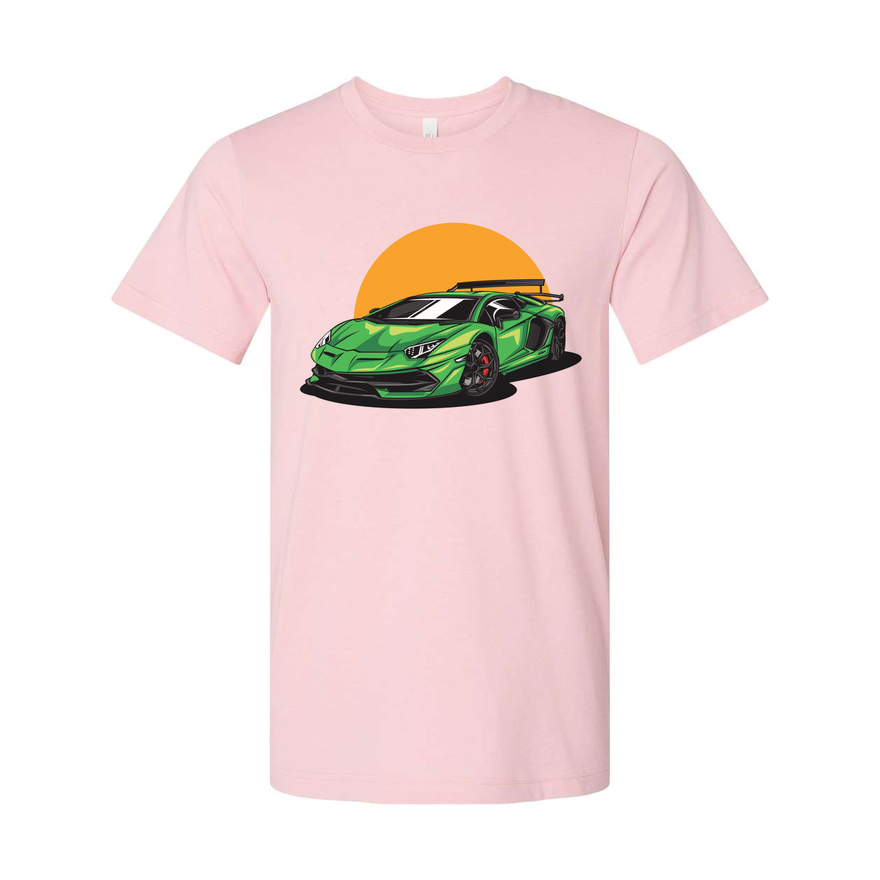 Green Sports Car Graphic Tee With Orange Sunset Backdrop For Unisex Adults Casual Wear