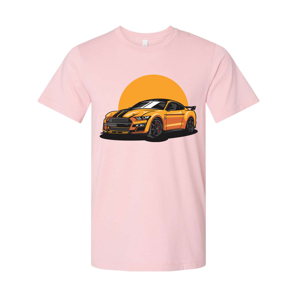 Unisex Ford Mustang Graphic T Shirt Featuring Orange Car And Sunset Design For Car Enthusiasts