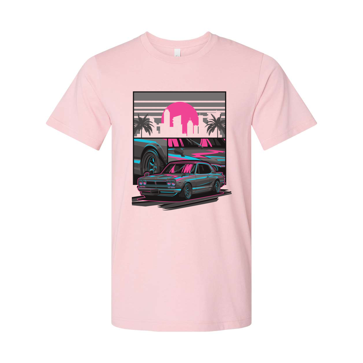 Datsun 240Z Neon Car Graphic T Shirt With Sunset Skyline And Palm Trees Unisex Casual Wear