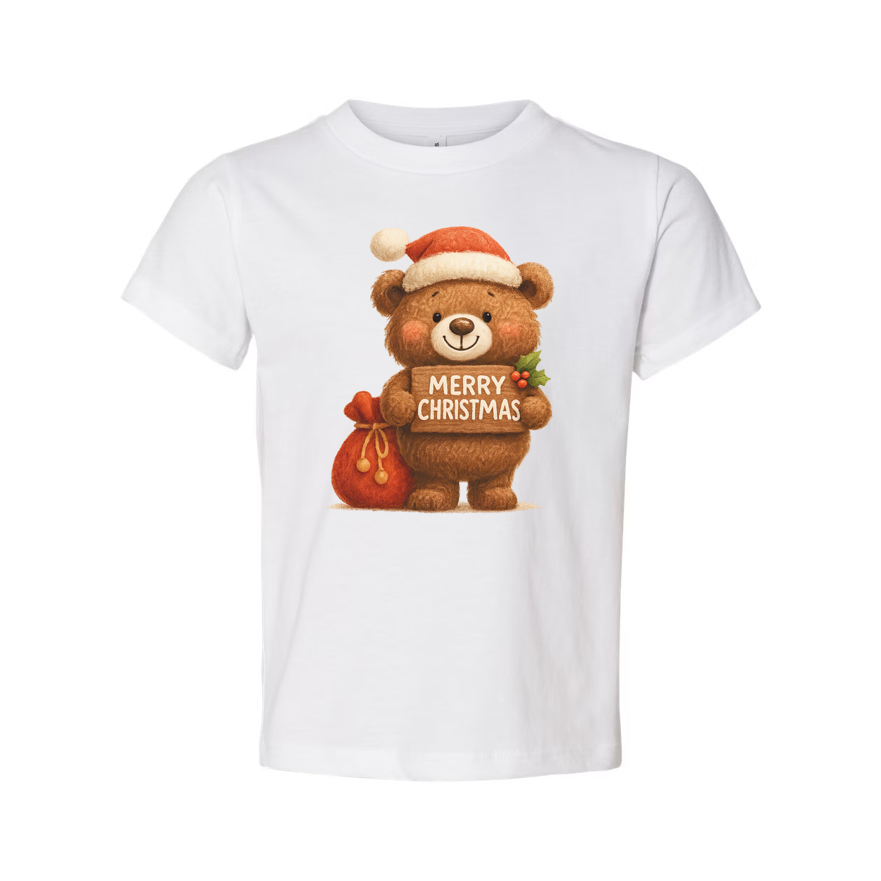 Unisex Christmas T Shirt With Cute Teddy Bear Santa Hat Holding Merry Christmas Sign Graphic