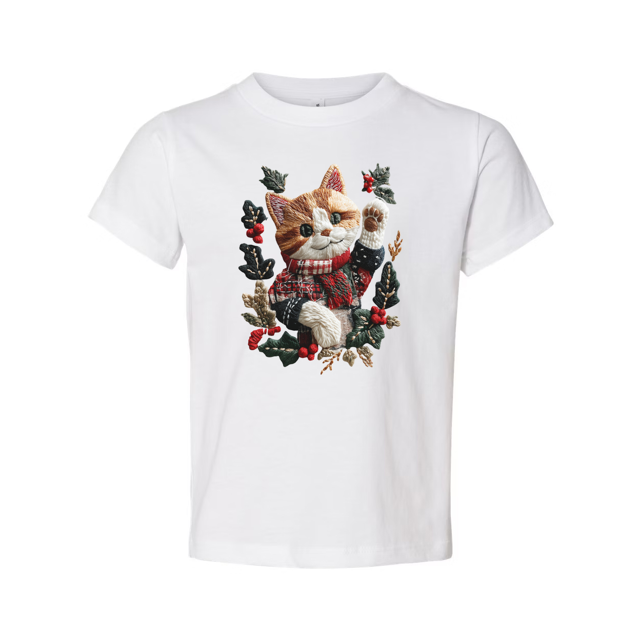 Unisex Christmas T Shirt With Cat In Red Scarf Surrounded By Holly Design