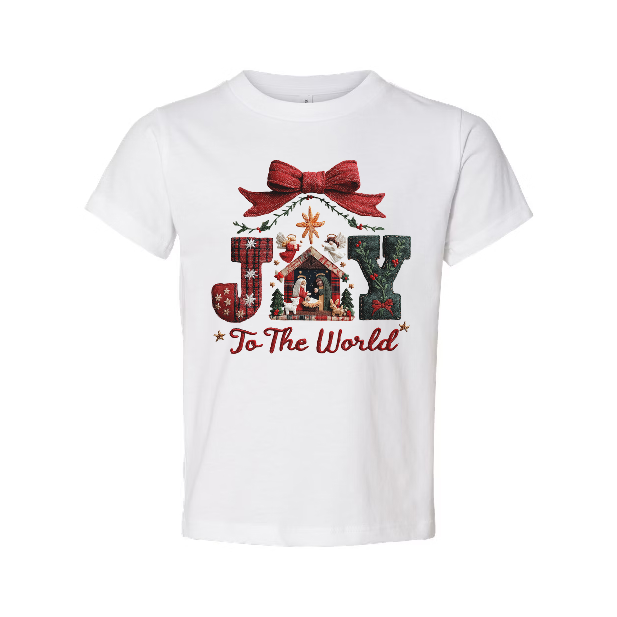 Joy To The World Christmas Graphic T Shirt Unisex White Cotton Shirt With Nativity Scene