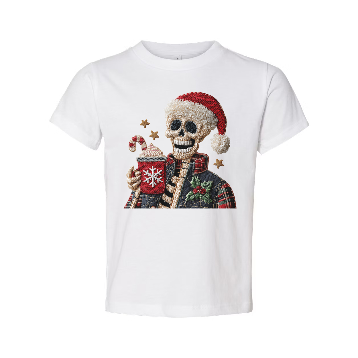 Unisex Christmas Skeleton Wearing Santa Hat Holding Snowflake Mug Graphic Tee For Holiday Season