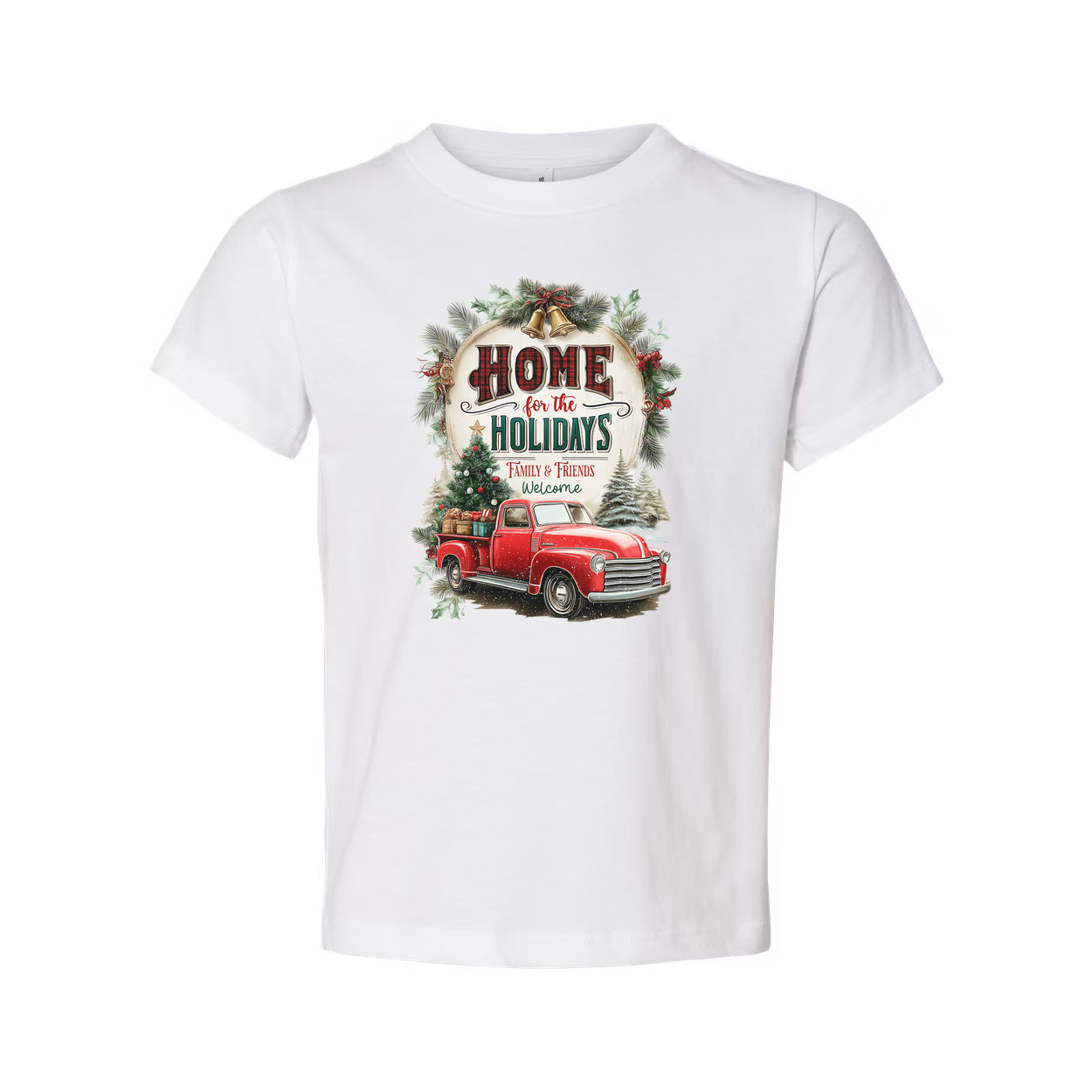 Unisex Christmas T Shirt With Vintage Red Pickup Truck And Home For The Holidays Graphic