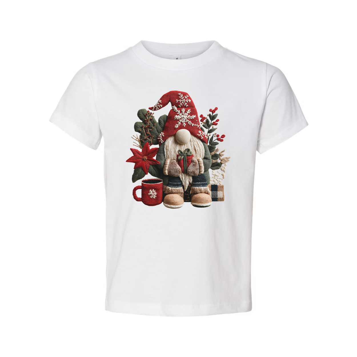 Christmas Gnome Graphic Unisex T Shirt With Red Hat Poinsettia And Cozy Winter Elements