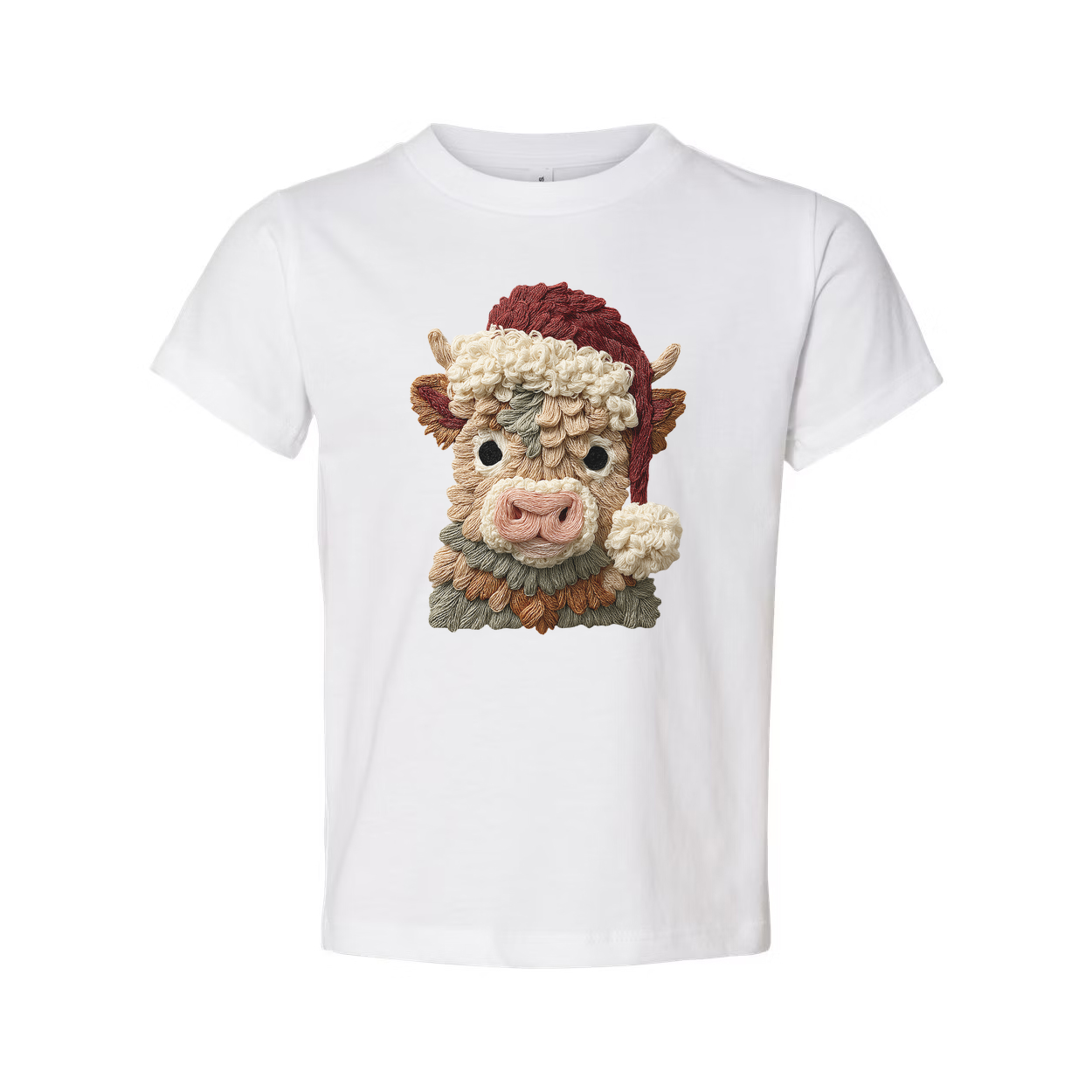 Unisex T Shirt With Festive Knitted Bull Portrait And Santa Hat Christmas Design