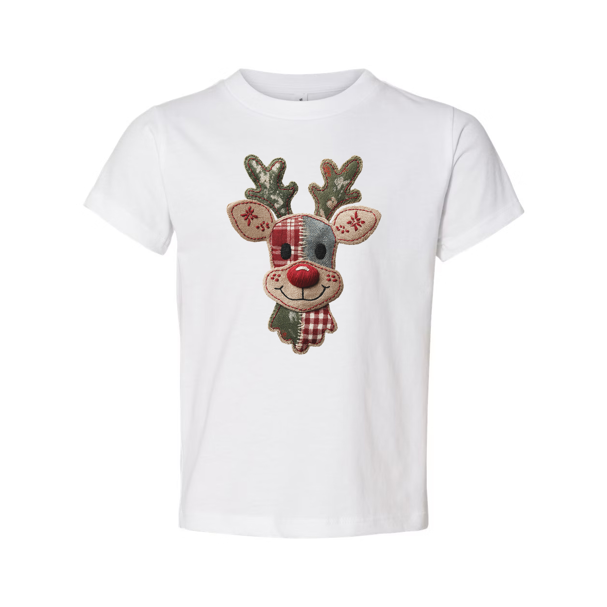 Unisex Christmas T Shirt With Reindeer Patch Logo Featuring Plaid Pattern
