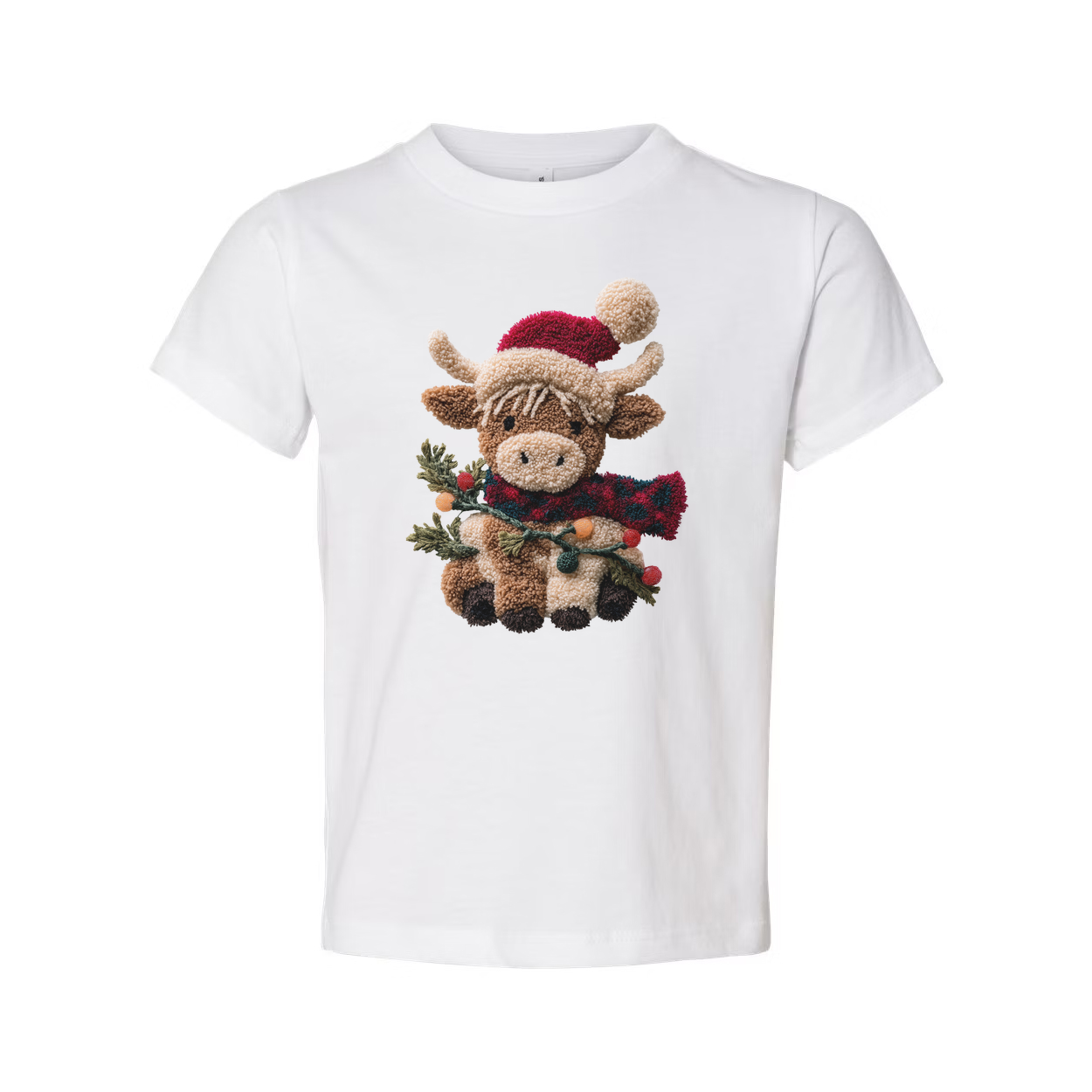 Unisex Christmas T Shirt Featuring Cute Plush Reindeer In Santa Hat And Cozy Red Scarf With Evergreen Garlands