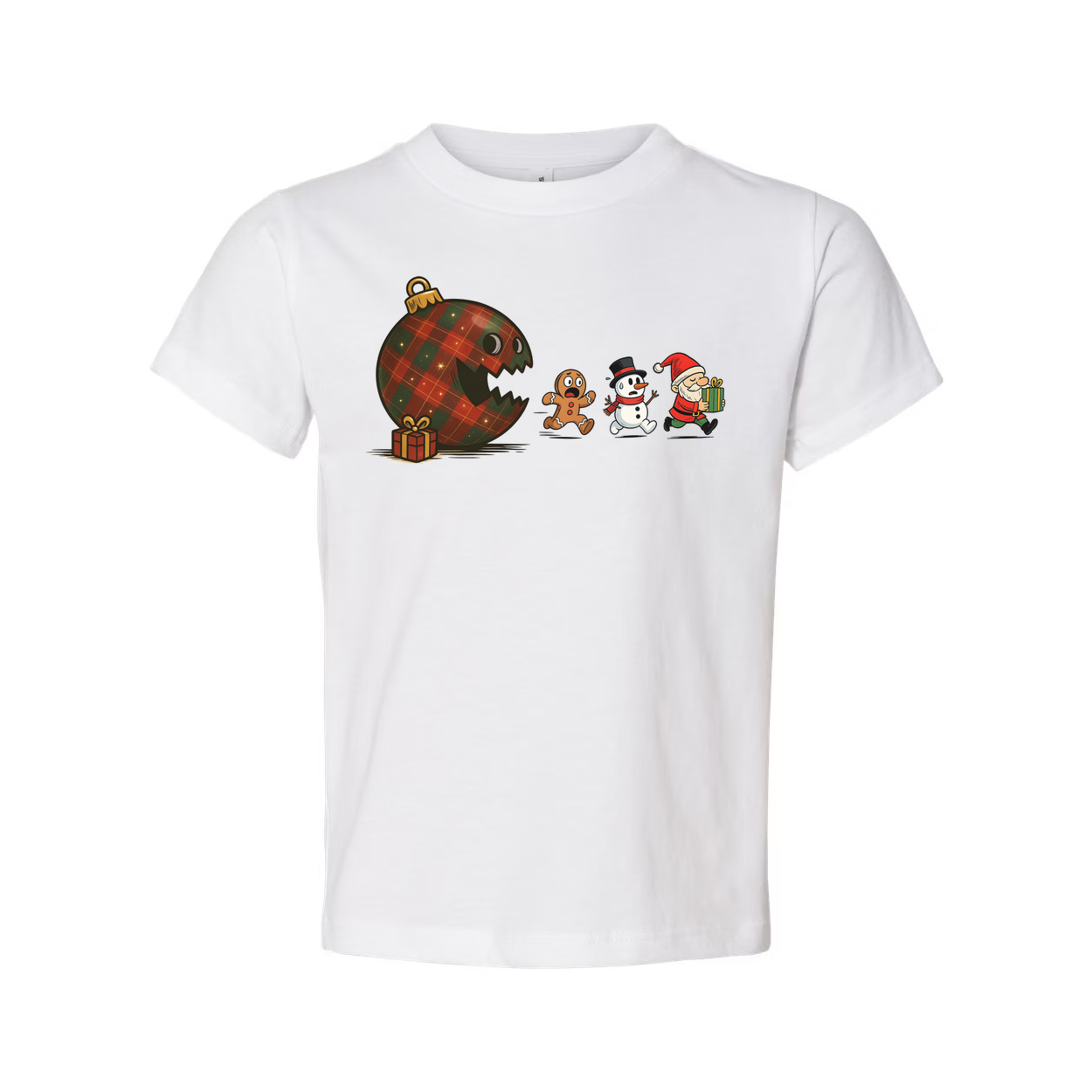 Unisex Christmas Graphic Tee Featuring Plaid Ornament Monster Chasing Gingerbread Man Snowman And Santa Claus