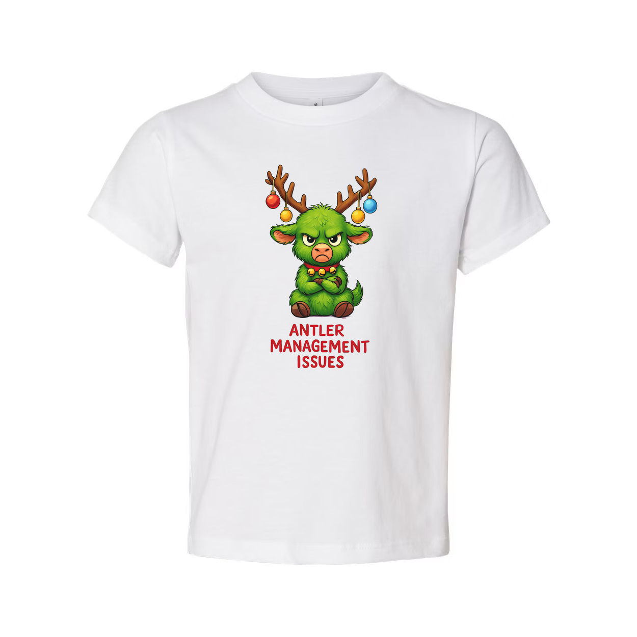 Unisex Antler Management Issues Graphic T Shirt Featuring Grumpy Green Antlered Creature With Christmas Ornaments