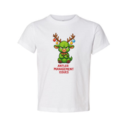 Unisex Antler Management Issues Graphic T Shirt Featuring Grumpy Green Antlered Creature With Christmas Ornaments