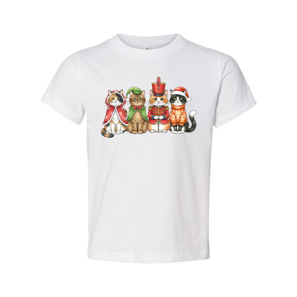Unisex White T Shirt Featuring Five Festive Cats In Christmas Costumes Artwork Colorful Illustration