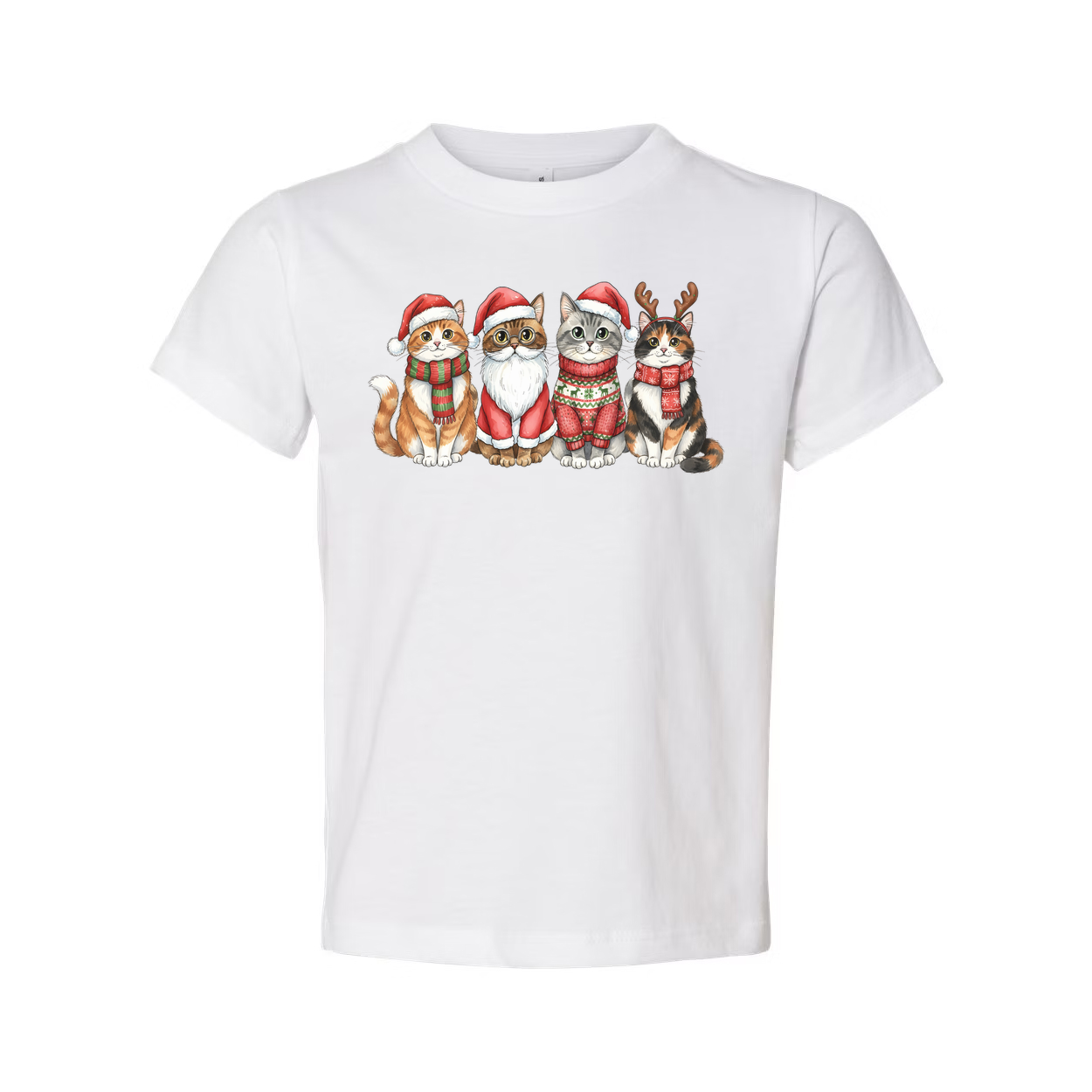 Unisex Christmas T Shirt Featuring Four Festive Cats In Santa Hats And Cozy Sweaters