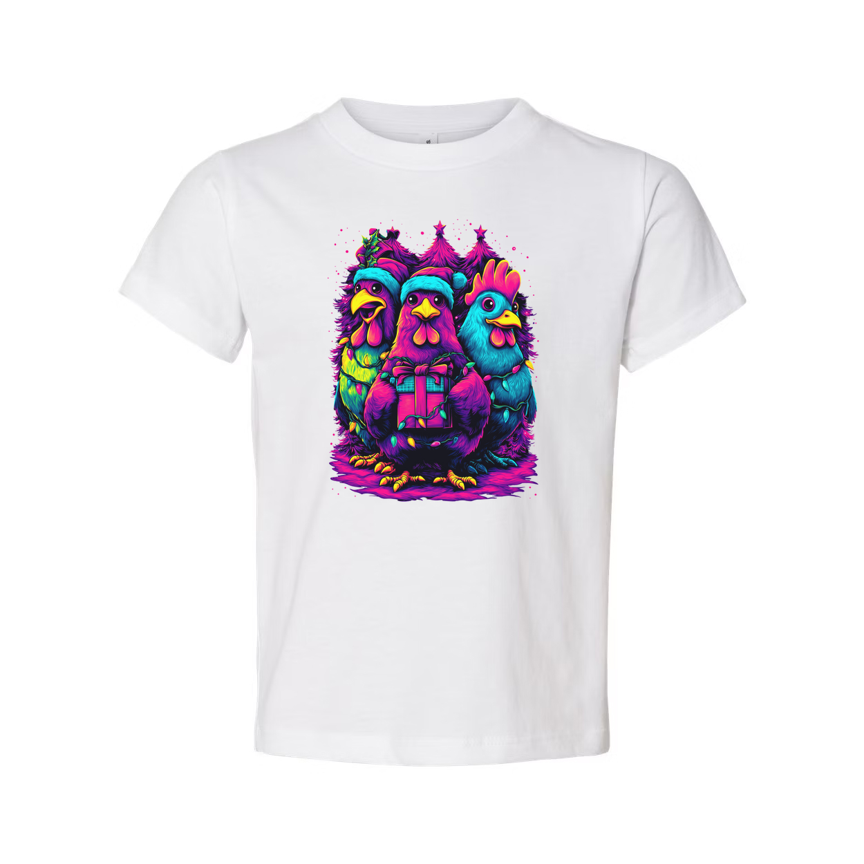 Unisex Christmas T Shirt With Neon Colorful Chickens Gift Box And Christmas Trees Graphic