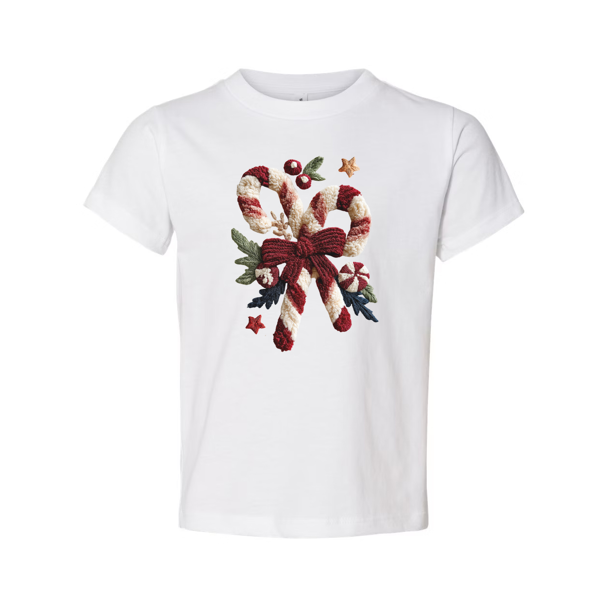Unisex Christmas T Shirt With Knitted Candy Cane Bow And Holly Decor Print For Winter Holidays