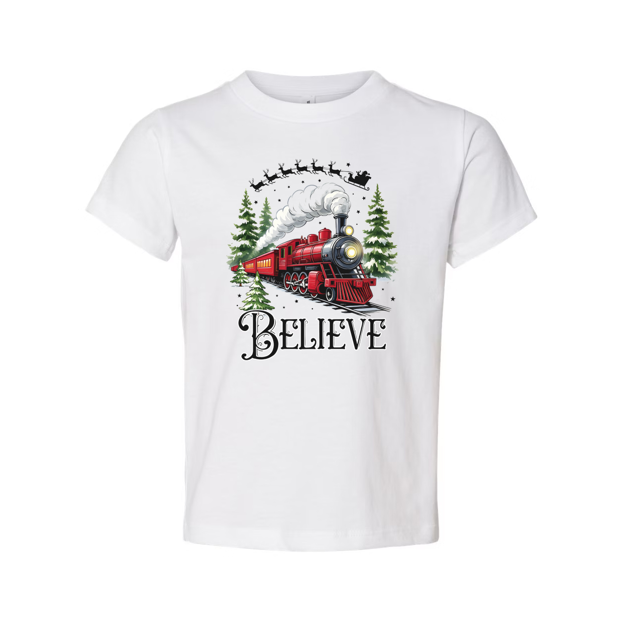 Unisex Christmas Train T Shirt With Red Steam Locomotive And Believe Graphic Artwork