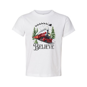 Unisex Christmas Train T Shirt With Red Steam Locomotive And Believe Graphic Artwork
