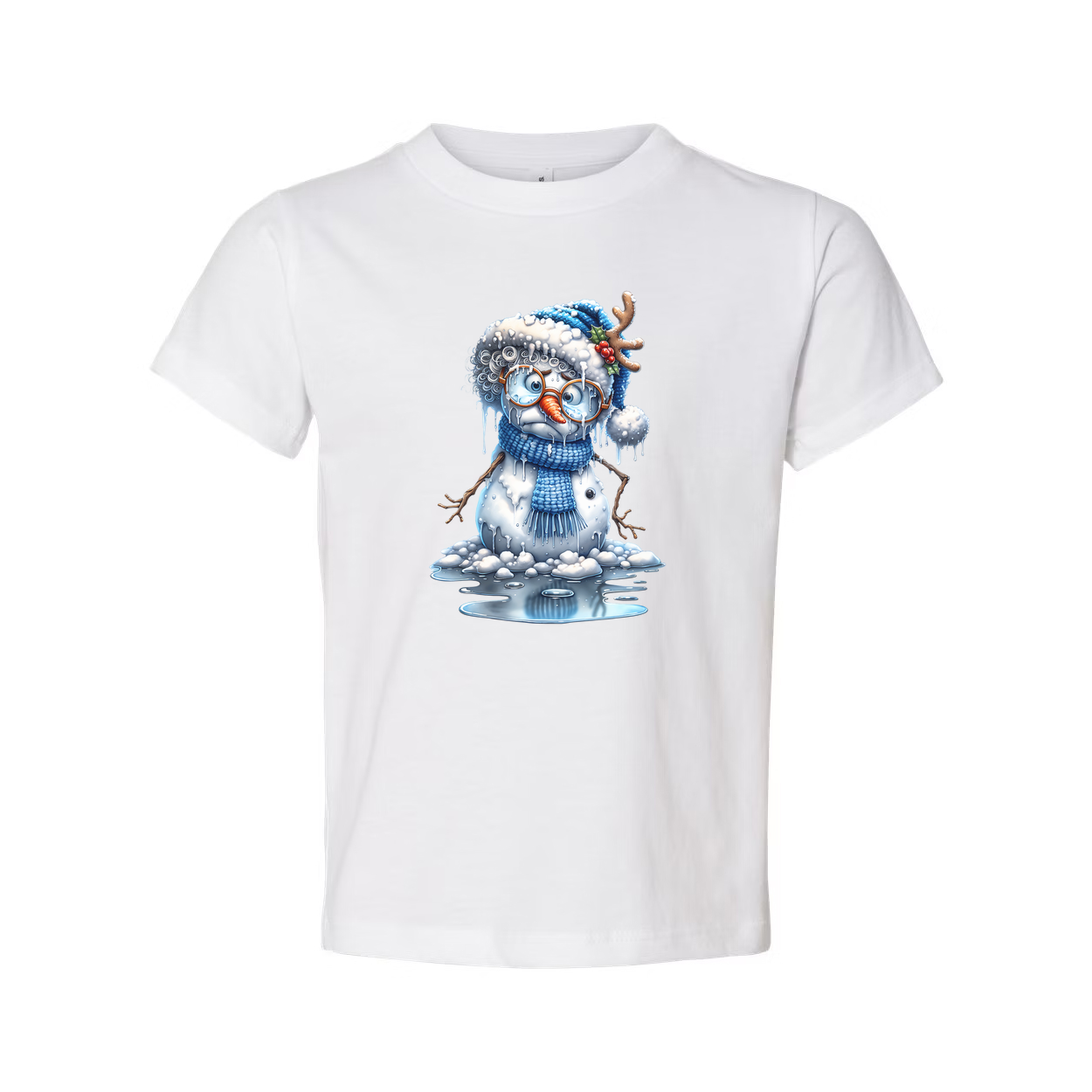 Snowman Graphic T Shirt With Blue Hat And Scarf Winter Holiday Illustration For Men And Women