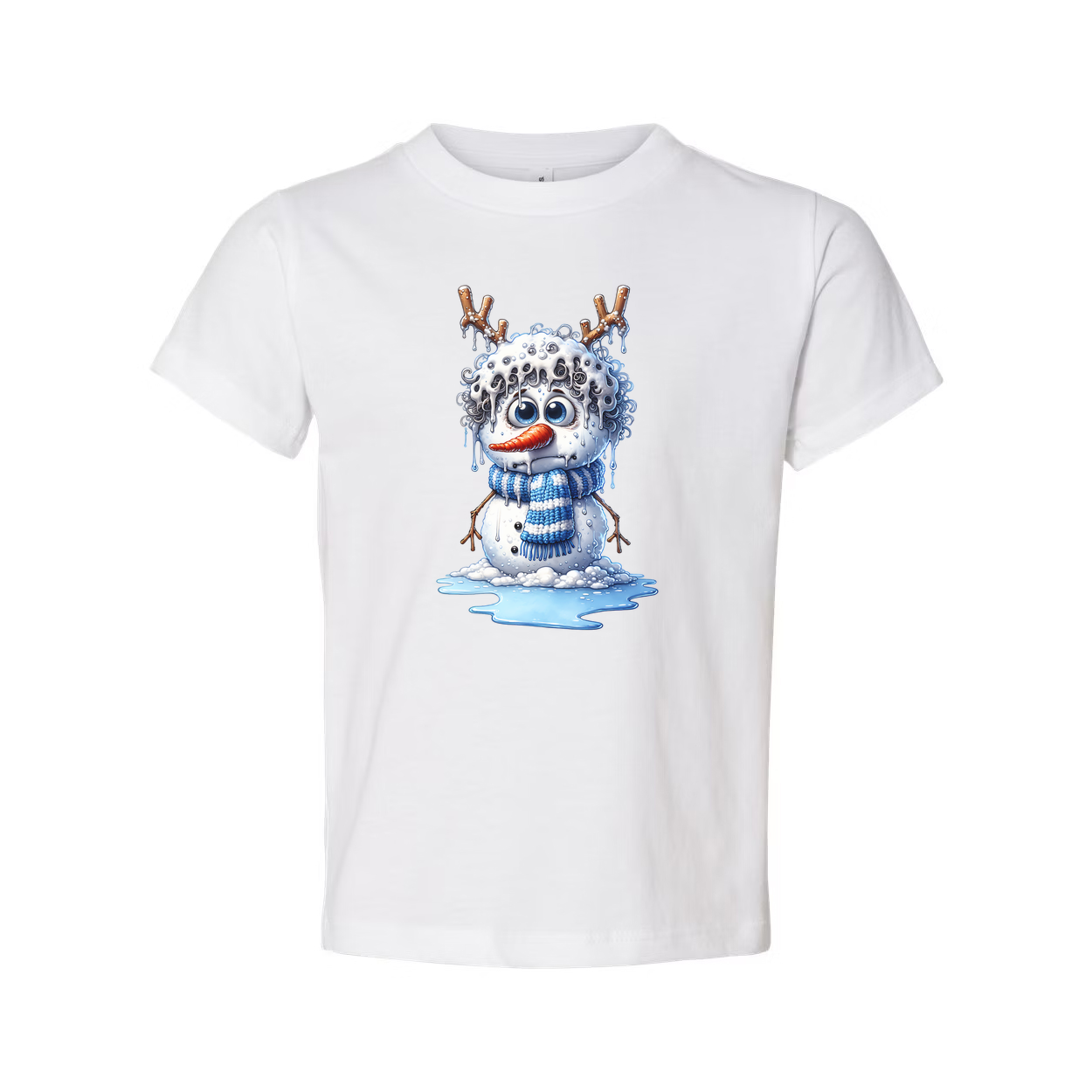 Unisex Snowman Illustration T Shirt With Blue Scarf Antler Twig Design And Melting Ice Splash