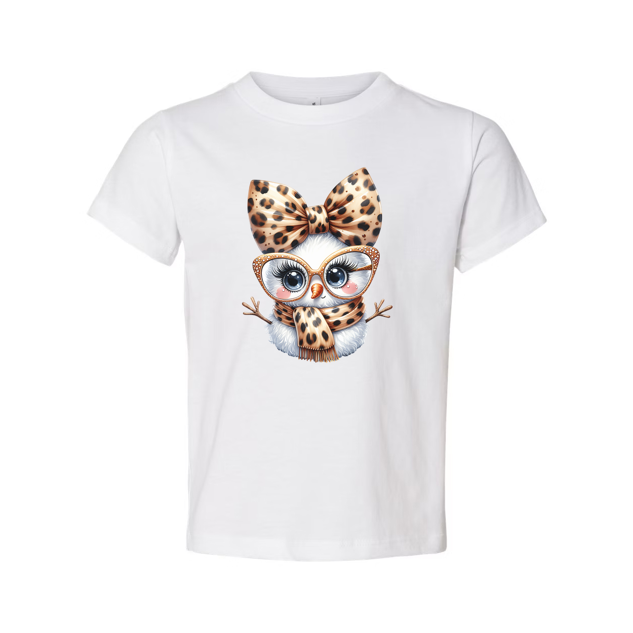 Unisex White T Shirt With Leopard Print Owl Graphic Wearing Bow Glasses And Scarf