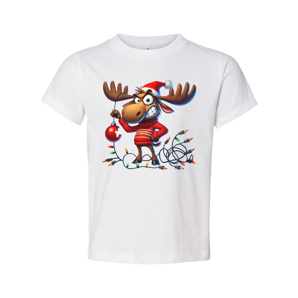 Unisex Christmas Moose T Shirt With Santa Hat And Twinkling Holiday Lights Graphic Tee