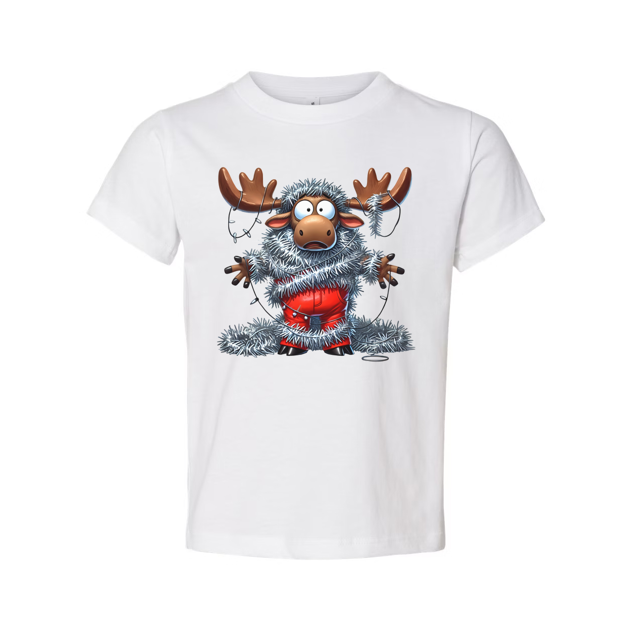 Unisex Christmas Moose Graphic T Shirt With Tinsel Lights Funny Festive Apparel Collection