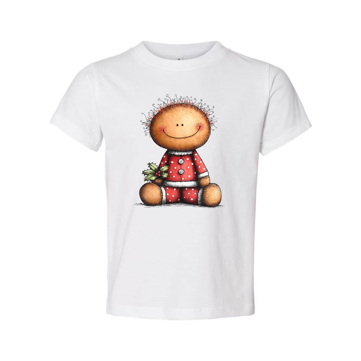 Unisex Christmas T Shirt Featuring Cute Smiley Doll In Red Polka Dot Pajamas And Holly