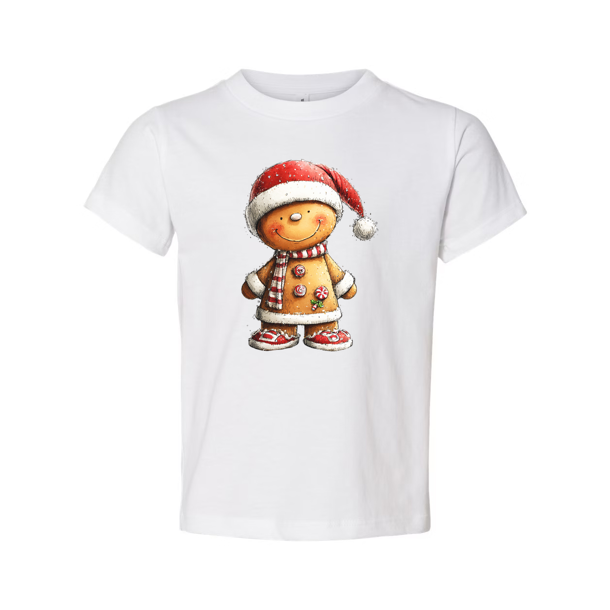 Gingerbread Man Christmas T Shirt With Santa Hat And Candy Cane Details Unisex Tee