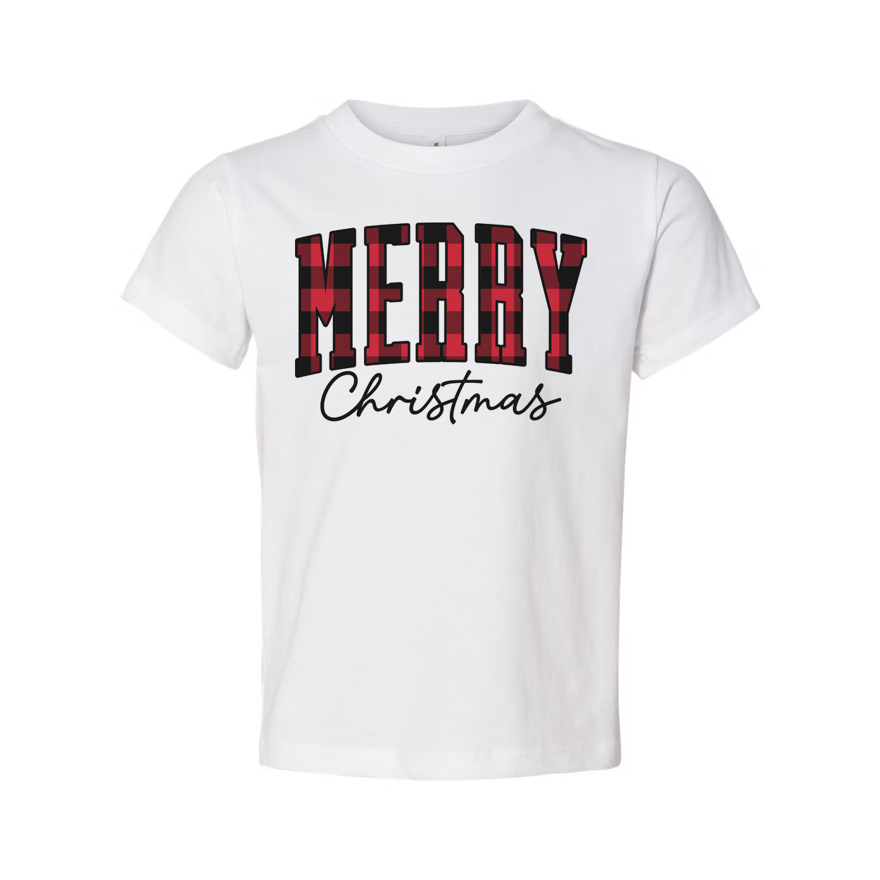 Merry Christmas Plaid Block Lettering Unisex T Shirt With Script Christmas Text Design