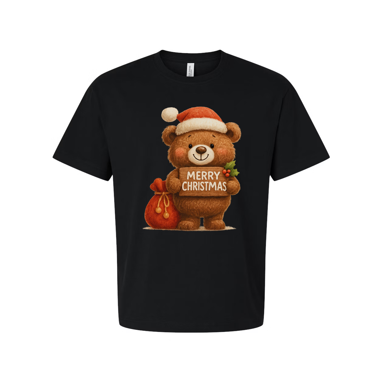 Unisex Christmas T Shirt With Cute Teddy Bear Santa Hat Holding Merry Christmas Sign Graphic